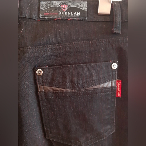 Embellished wide leg pleated jeans w/ leather pockets - Picture 12 of 13